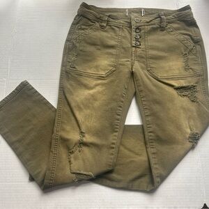 Free People Distressed Button Fly Straight Leg Jeans 30" Waist, EUC Olive Green